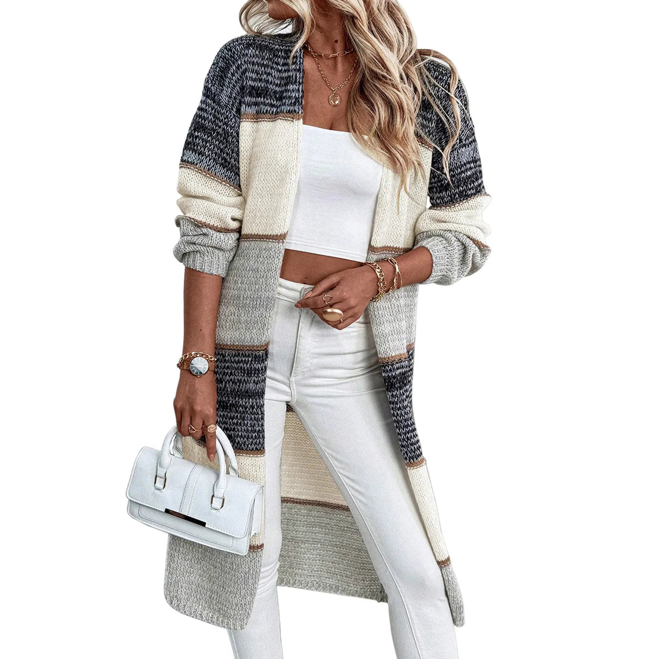 Grey striped knitted long cardigan with loose fit and long sleeves