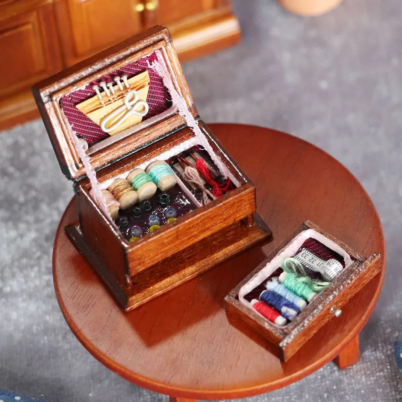 Miniature birch wood vintage sewing kit ornament with European styling and double layer colour