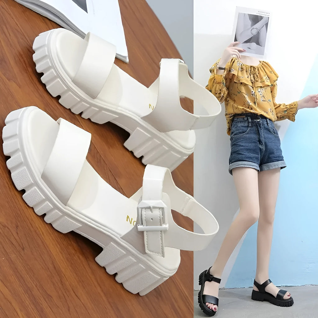 Women's peep toe platform sandals in beige with ankle-strap buckle and PU upper
