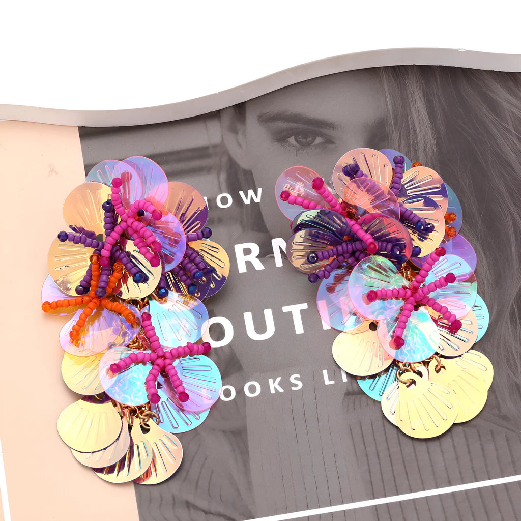 Handmade bead flower earrings with exaggerated string design in colourful, rose, and purple colour options