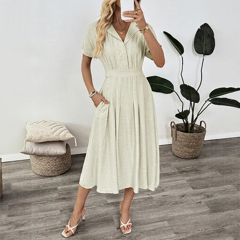Light green twill lapel pocket shirt dress with waist tight skirt and splicing design for commute