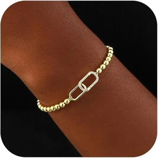 Adjustable stainless steel beaded bracelet showing geometric round beads in electroplated finish