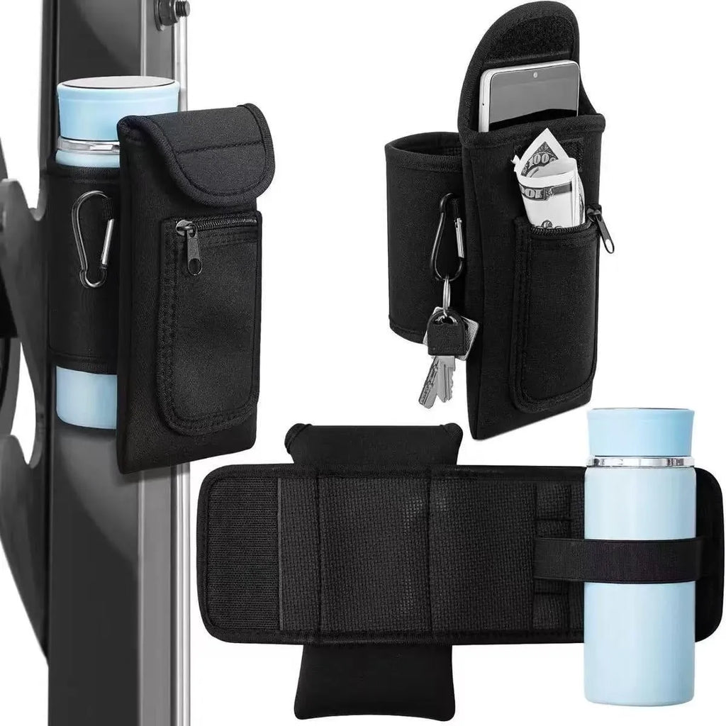 Cloth sports water bottle sleeve shown in various colours with magnetic and carabiner clip closure options.