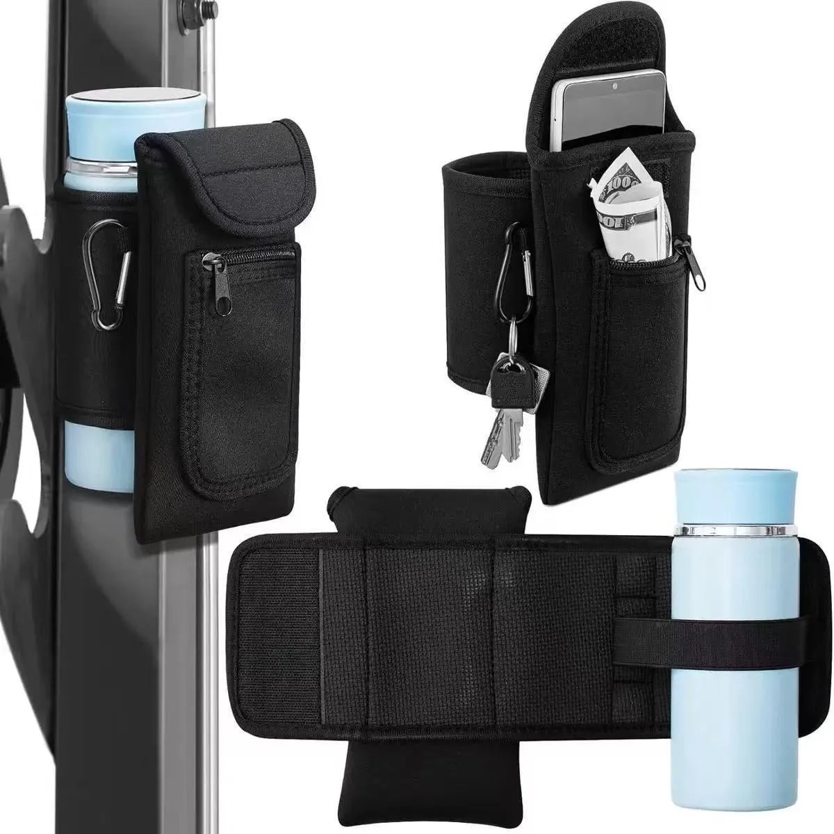Cloth sports water bottle sleeve shown in various colours with magnetic and carabiner clip closure options.