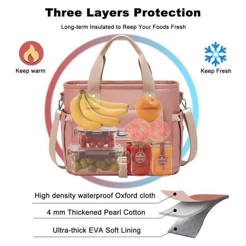 Portable cube-style picnic bag with removable shoulder strap in black, green, or pink colour options