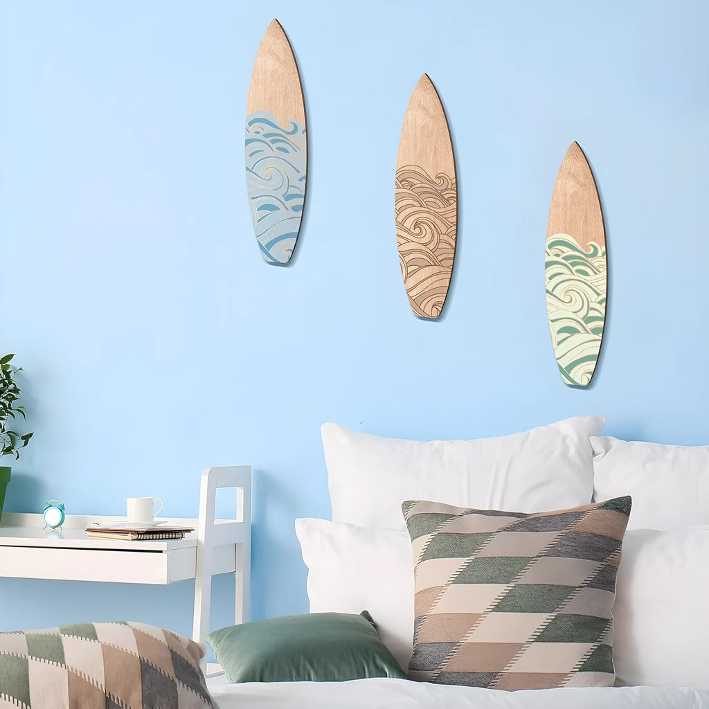 Set of three wooden boxwood surfboard wall decorations, 8.5x30cm each, European style