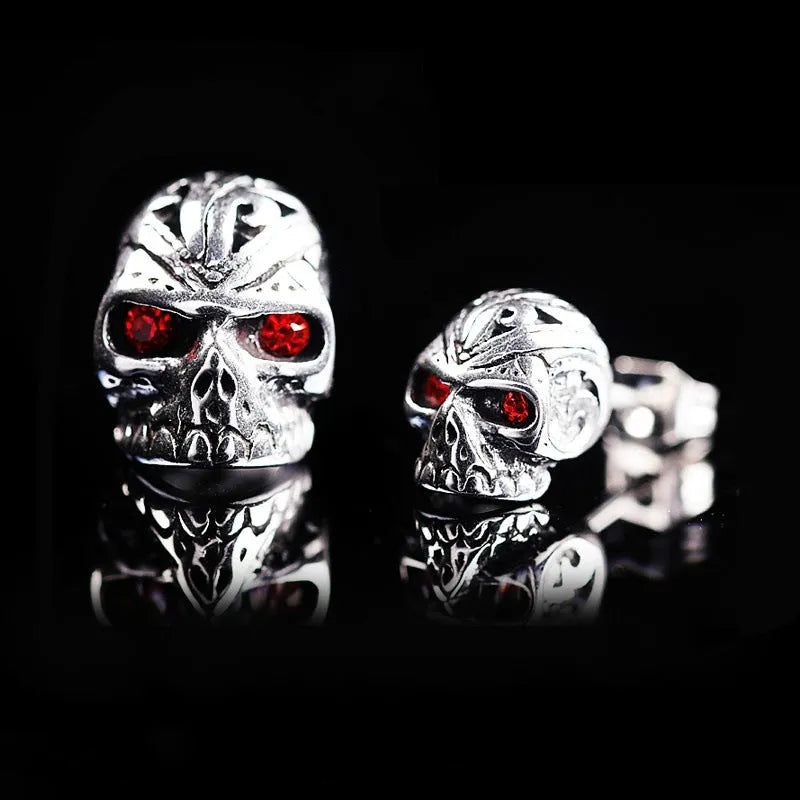 Retro skull stud earrings with red eye ghost head design and electroplated alloy construction