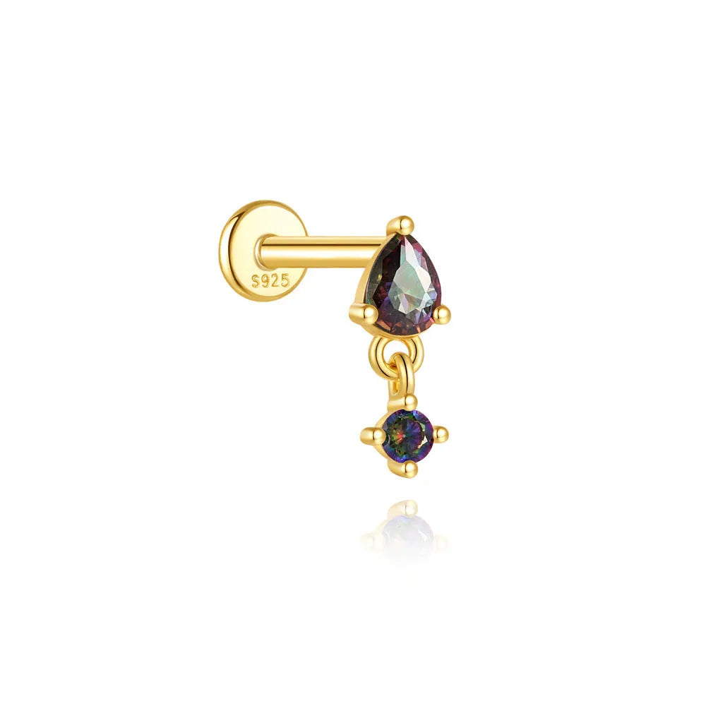 S925 sterling silver flat head thread piercing earrings with super shiny rainbow stone in gold colour