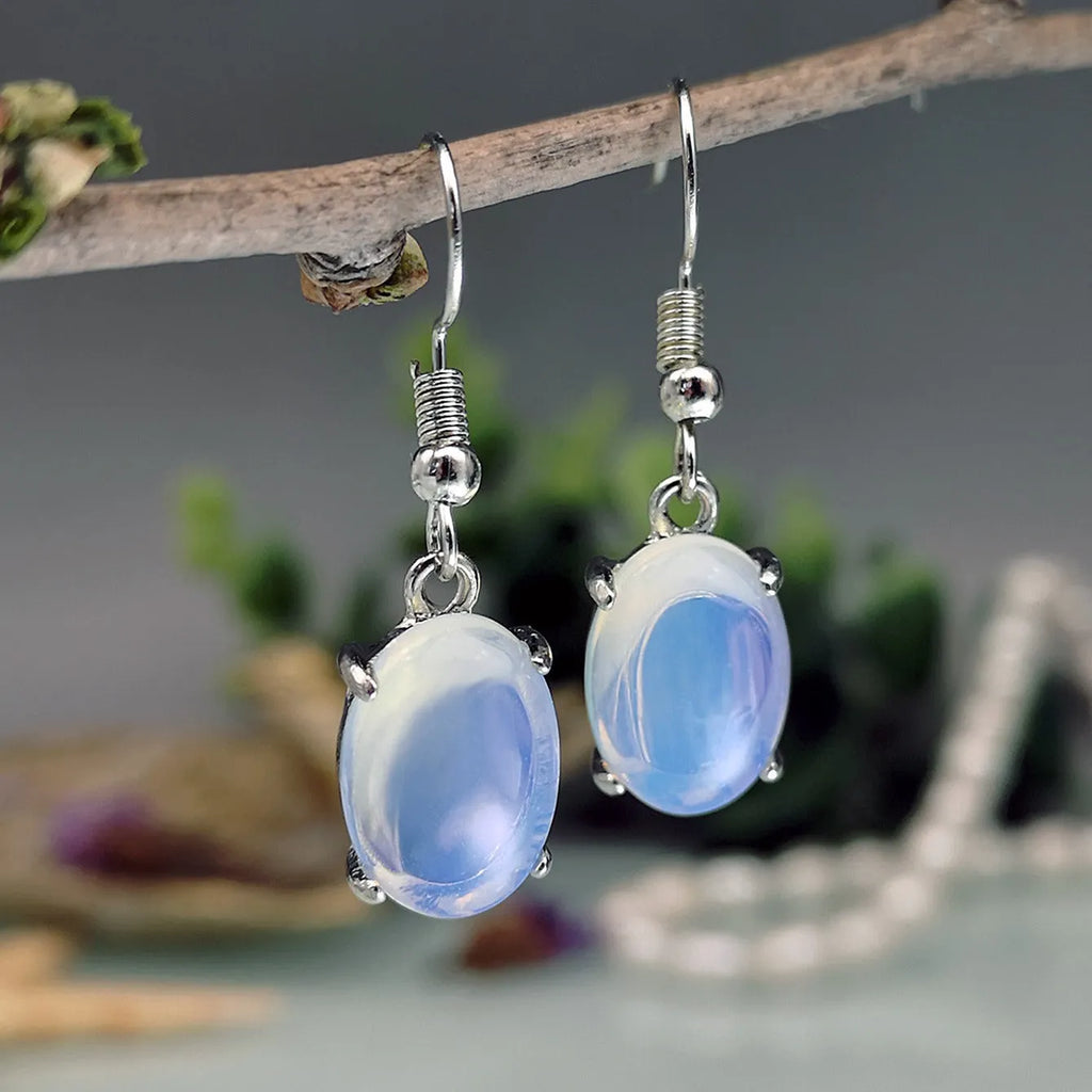 Moonlight white opal drop earrings with retro moonstone design and elliptical elements