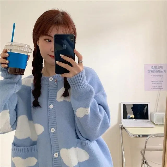 Blue cloud pattern women's spandex cardigan sweater with loose fit and long sleeves