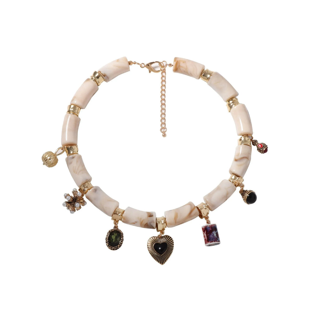 Heart-shaped resin bamboo necklace with electroplated finish in picture colour