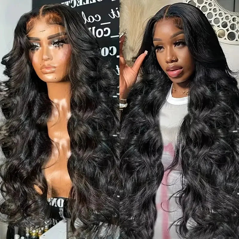 Black chemical fibre wig with big wave texture and lace front construction
