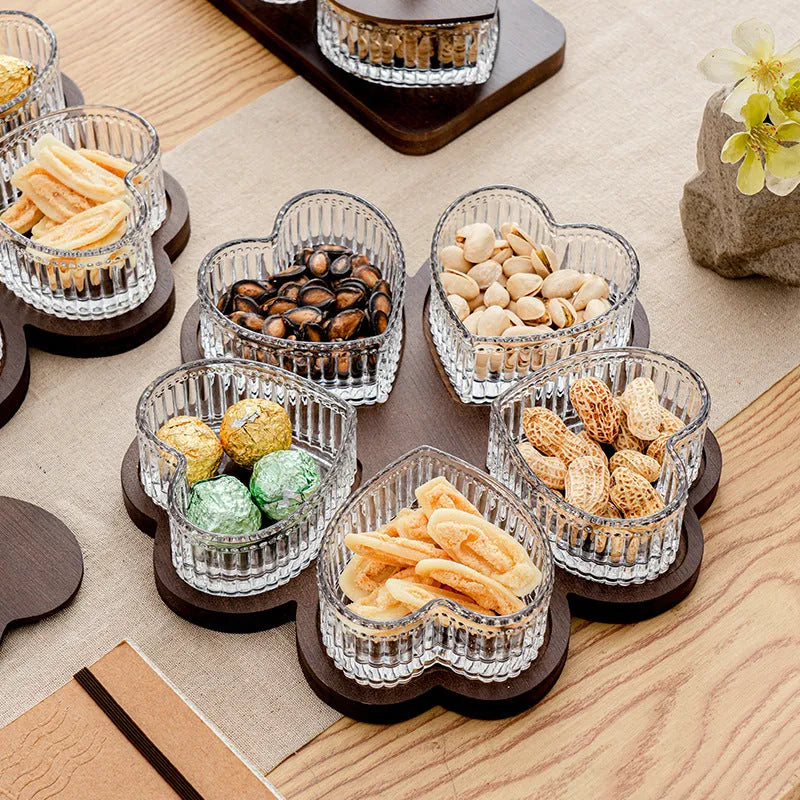Glass fruit platter with transparent heart-shaped lid in retro style for foot bath hotels