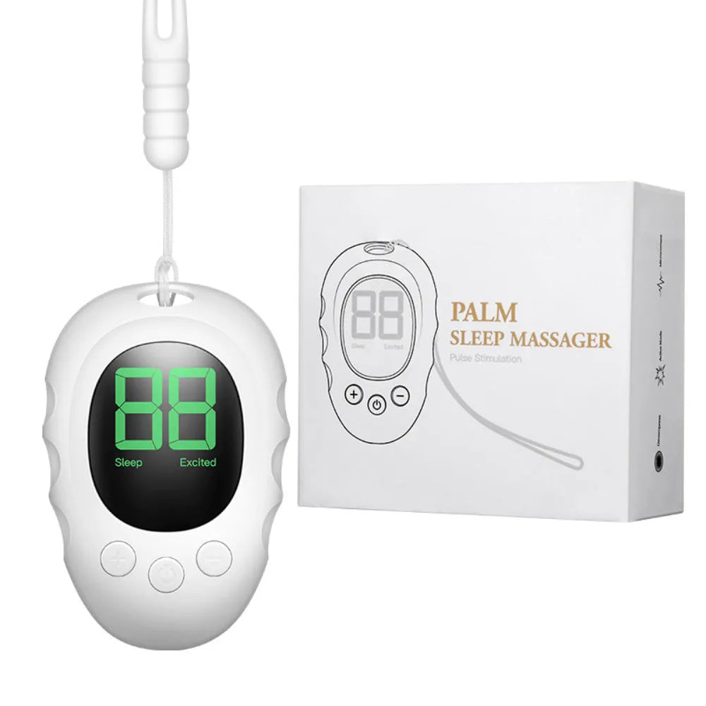 Rechargeable silicone sleep aid hand grip monitor with remote control in white, black, or green.