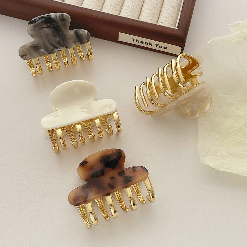 Retro acetate medium metal grip hair barrettes in R08 colour options including fairy white, leopard print, creamy-white and ink colour