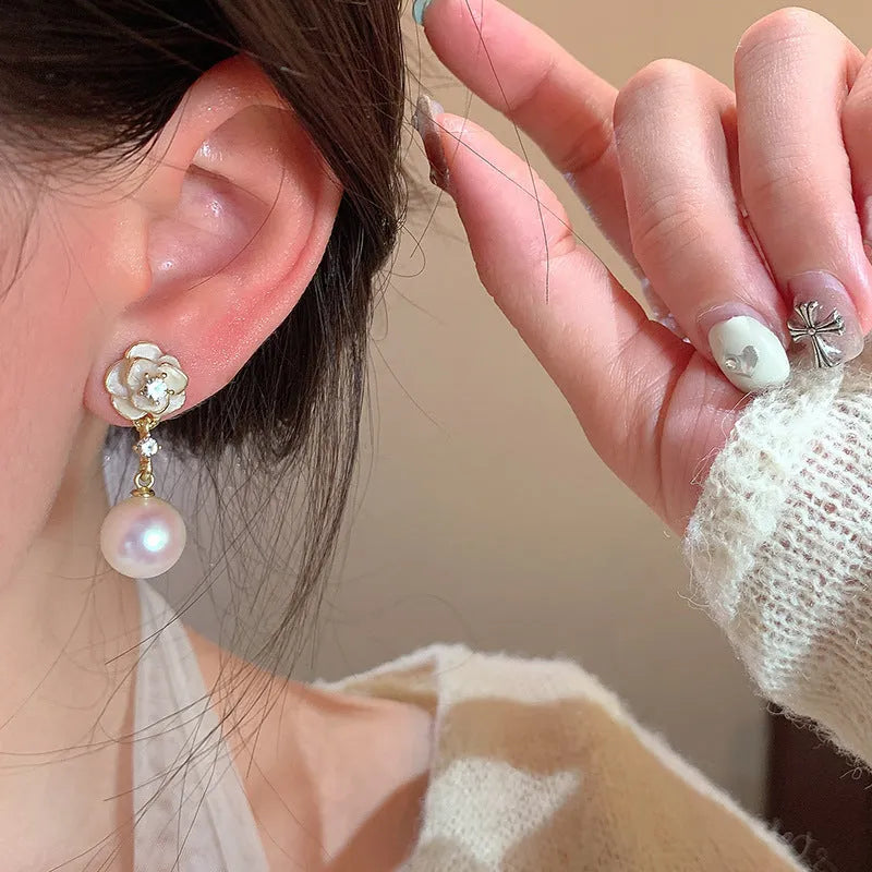 Camellia flower stud earrings with pearl detail in alloy metal for women