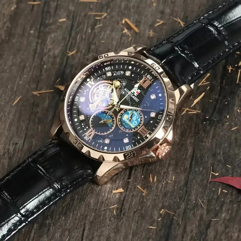 Men's automatic mechanical watch with black dial, rose gold shell, transparent case back and genuine leather strap