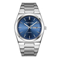Men's quartz watch with steel belt, luminous display, and slim 6mm case in silver and dark blue