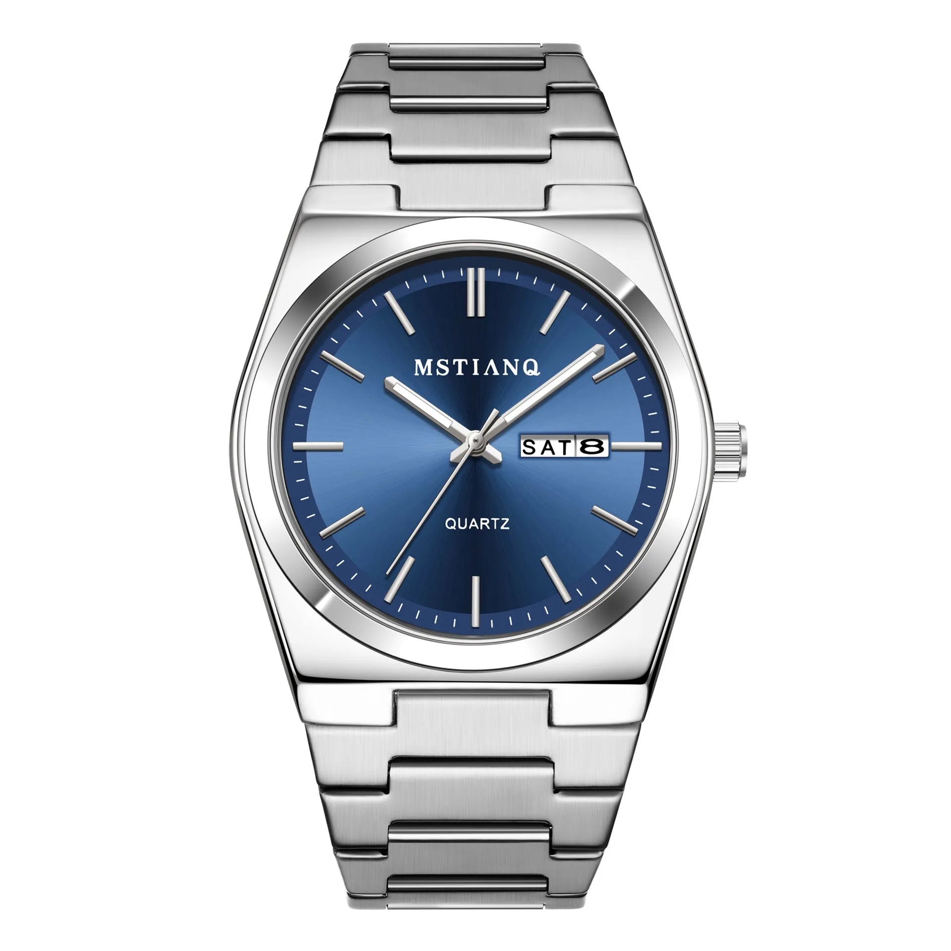Men's quartz watch with steel belt, luminous display, and slim 6mm case in silver and dark blue