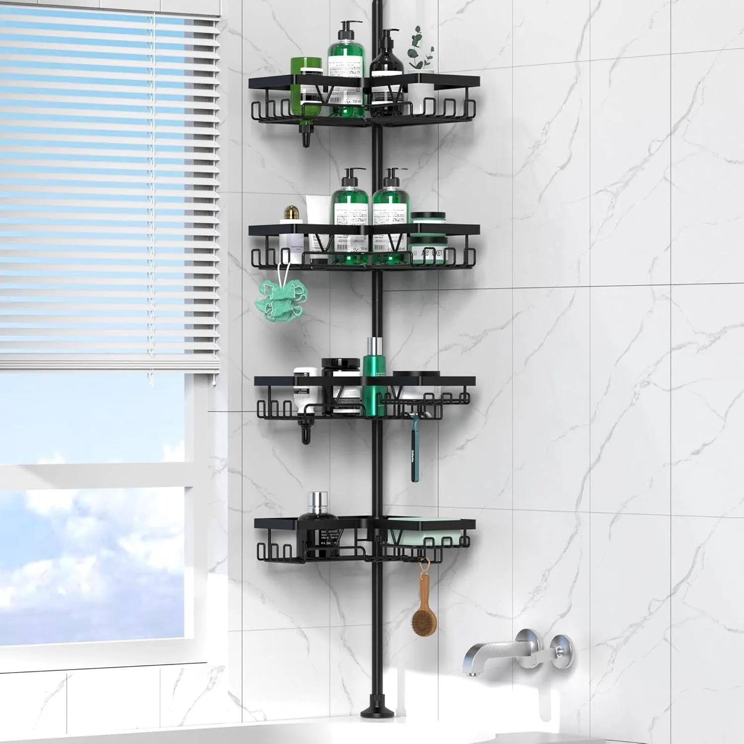 Hole-free bathroom storage rack with 4 adjustable layers in stainless steel and iron construction