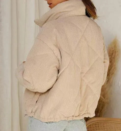 Apricot corduroy womens jacket with stand collar and full-length zipper in street fashion style