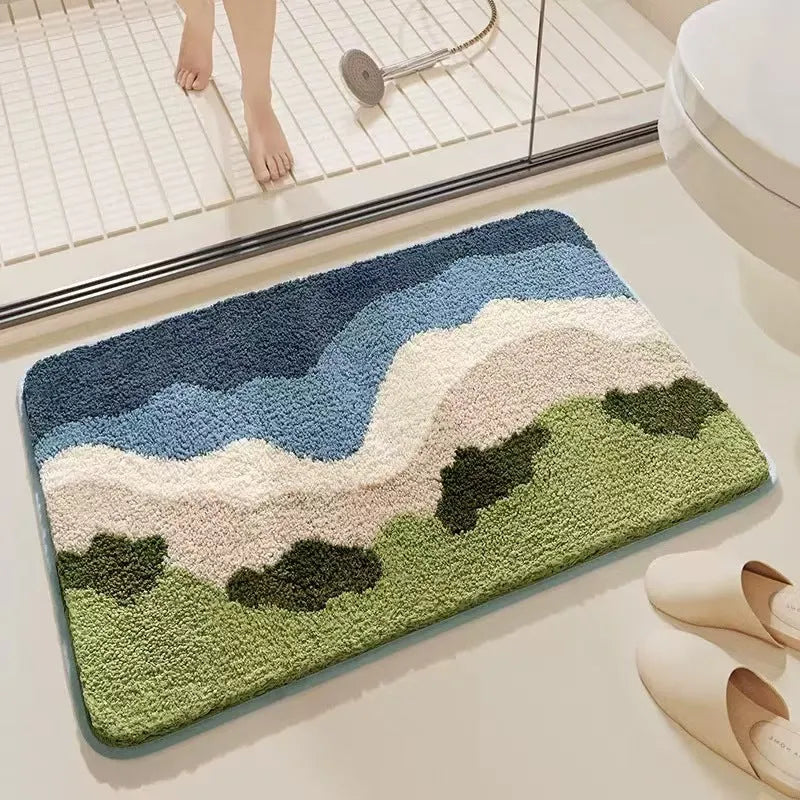 Square rainbow pattern carpet with plastic bottom layer in sky and sea colours
