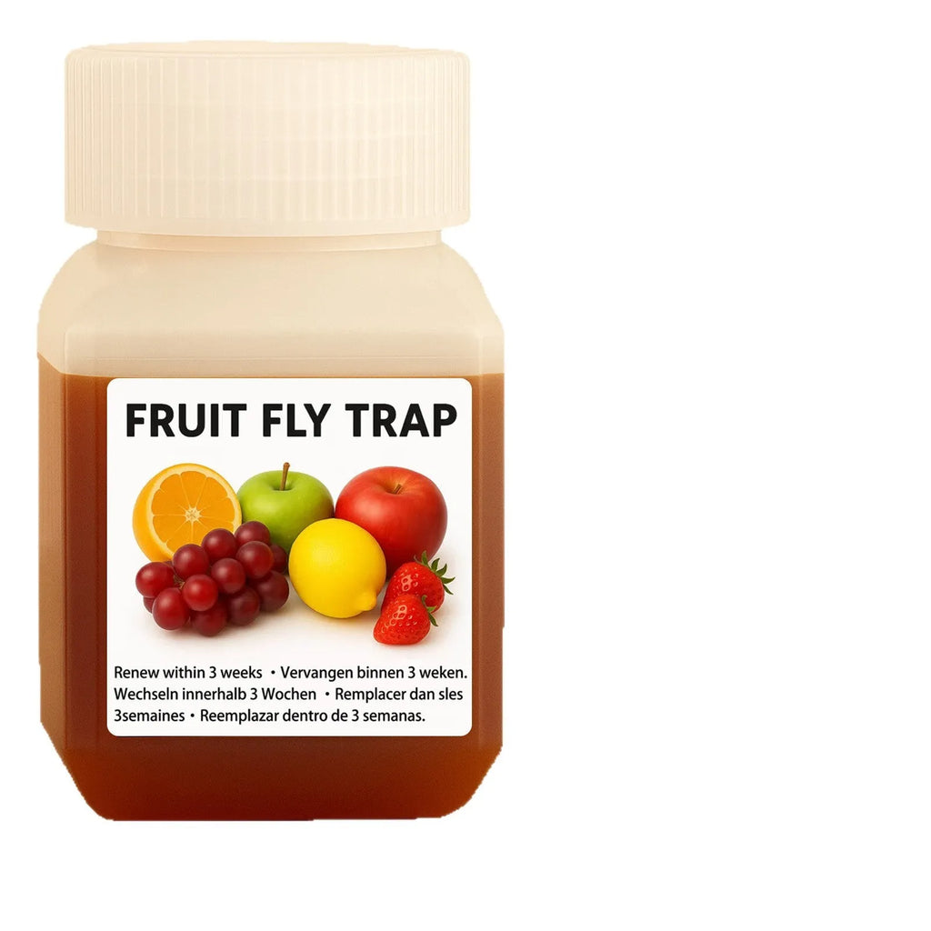 Bottle of fruit fly bait liquid for trap refill, available in multiple specifications.