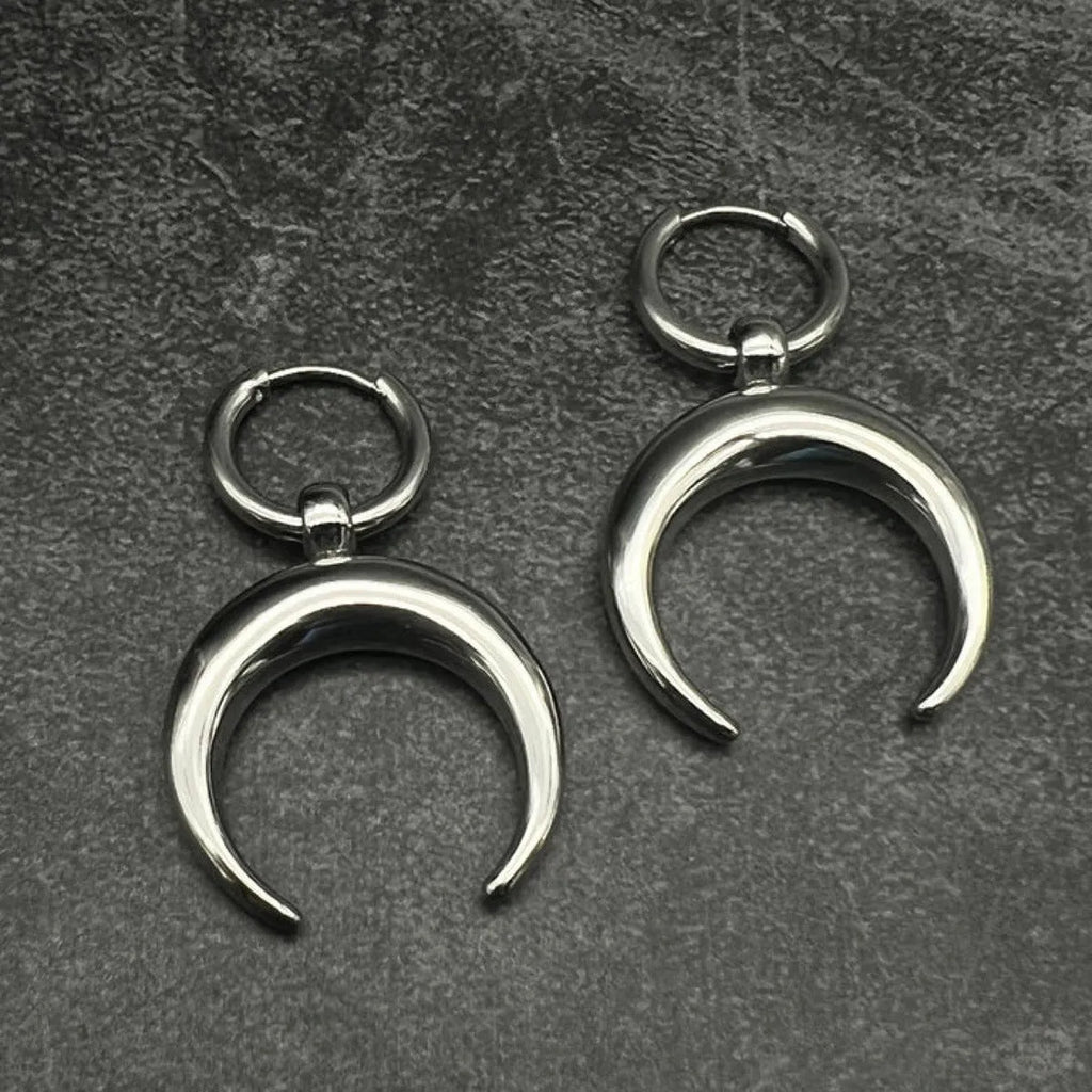 Silver alloy 18K electroplated vintage gothic moon hoop earrings with geometric punk design