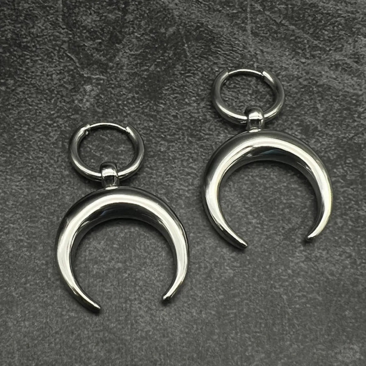 Silver alloy 18K electroplated vintage gothic moon hoop earrings with geometric punk design