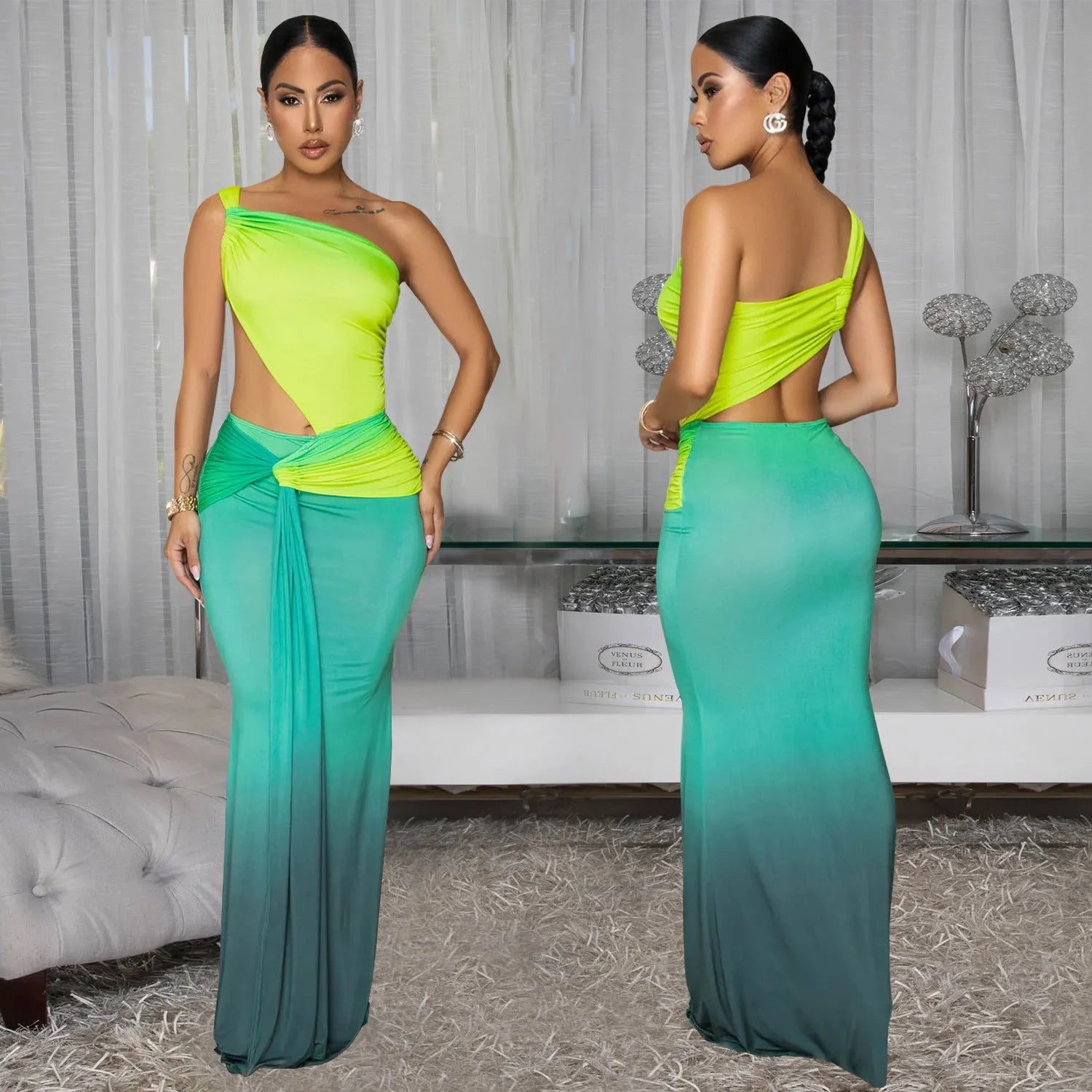 Women's long gradient dress with cross-shoulder design in green, red, or brown.