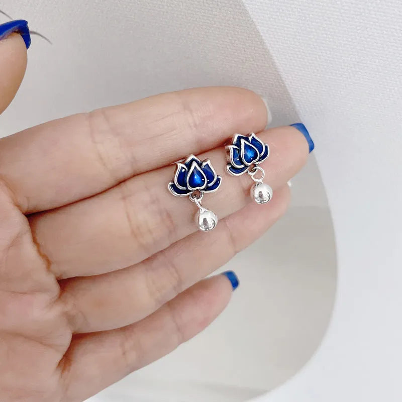 Blue Lotus earrings retro artistic lotus seedpod tassel design alloy ear studs