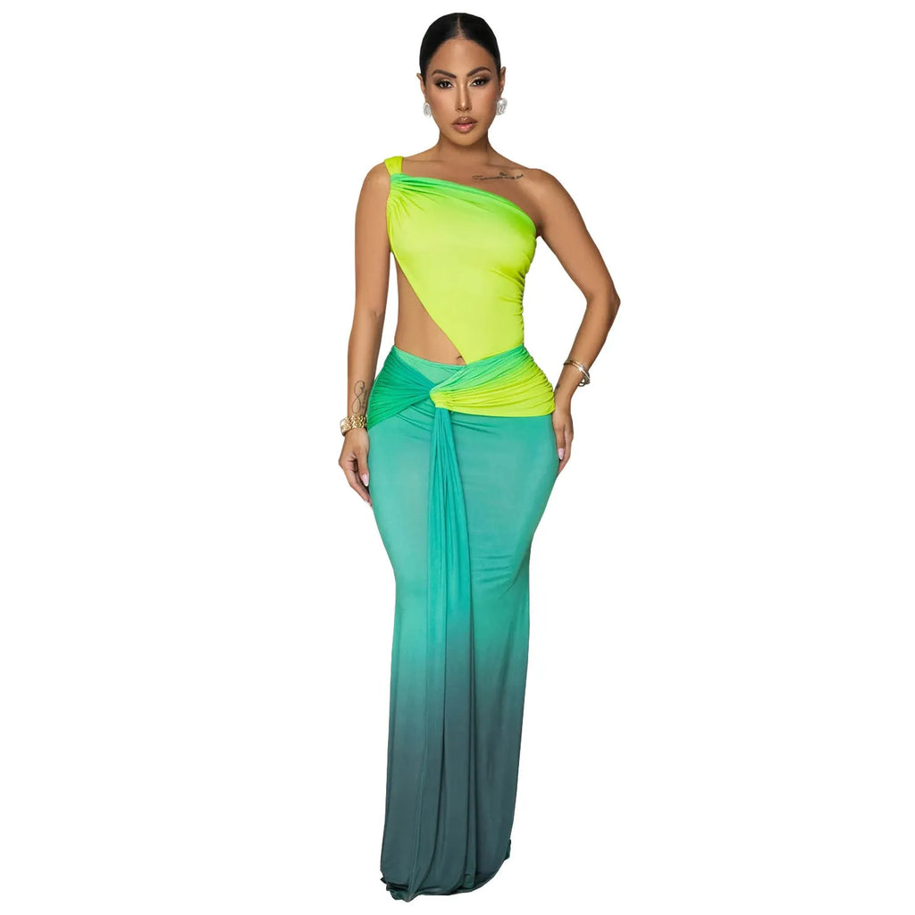 Women's long gradient dress with cross-shoulder design in green, red, or brown.