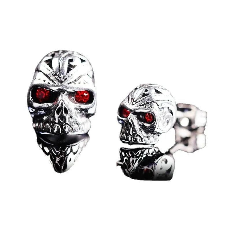 Retro skull stud earrings with red eye ghost head design and electroplated alloy construction