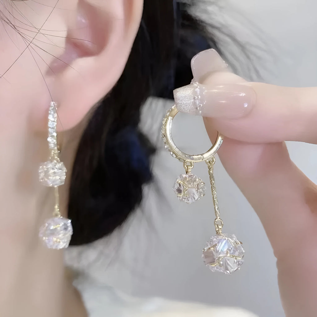 Women's silver colour drop shape copper earrings with confession balloon and rhinestone ball double pendant design