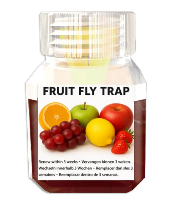Bottle of fruit fly bait liquid for trap refill, available in multiple specifications.