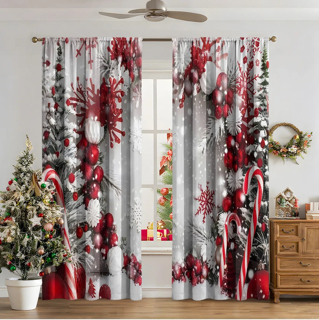Pair of 3D digitally printed Christmas curtains in a modern European style pattern, hanging at a window.