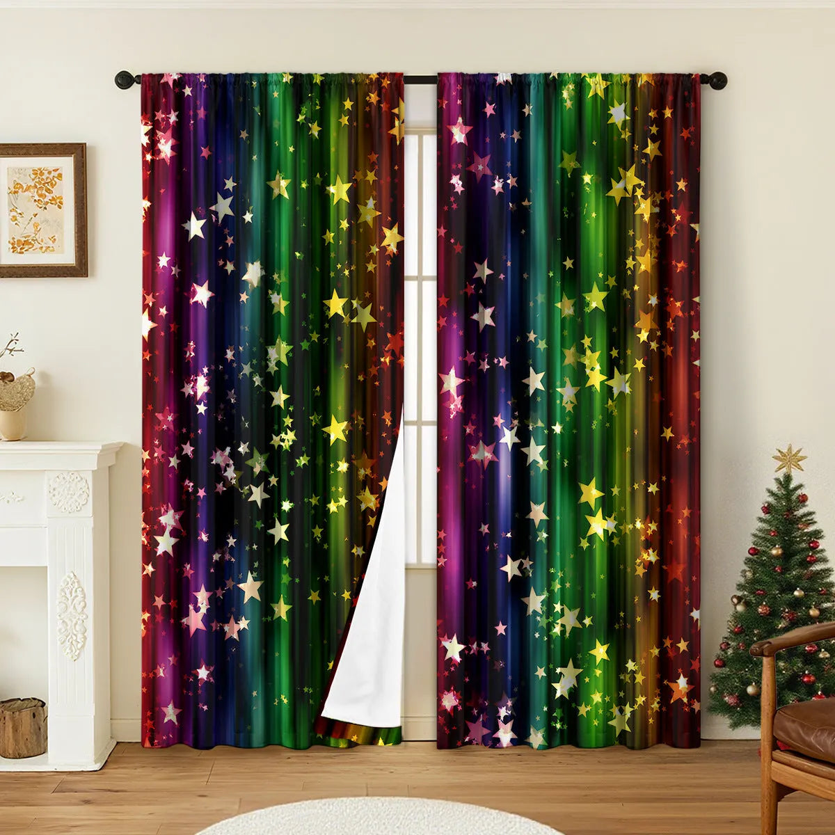 Pair of 3D digitally printed Christmas style curtains with European patterns on polyester fabric