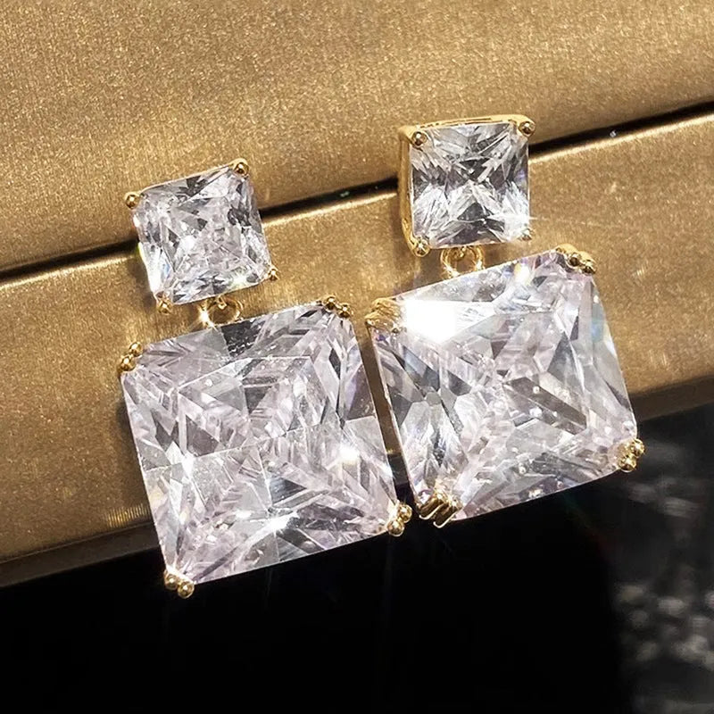 Geometric square design copper earrings with quadrilateral ornament details in white gold or gold colour