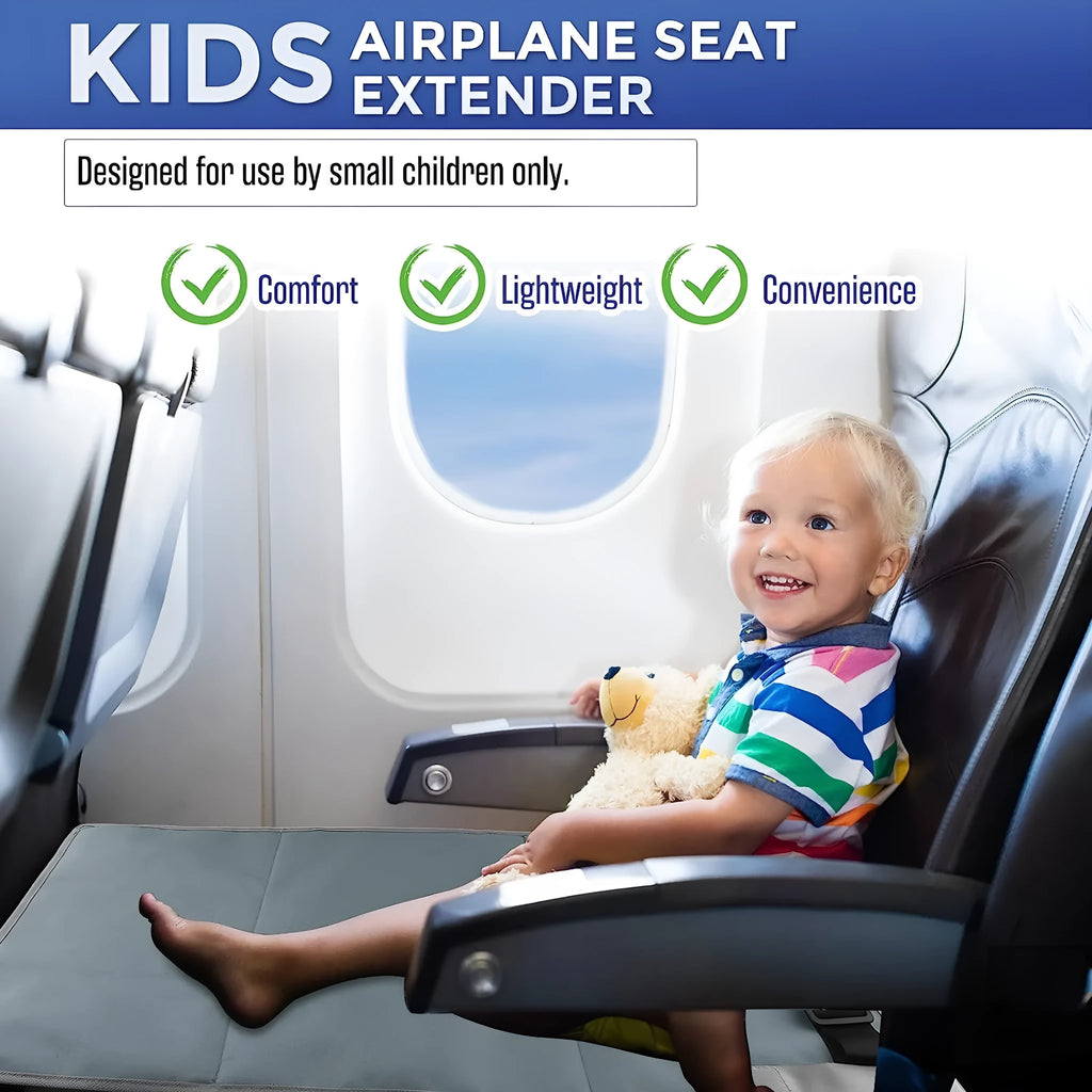 Portable children's aircraft seat extender with adjustable pedal in blue colour with foldable design