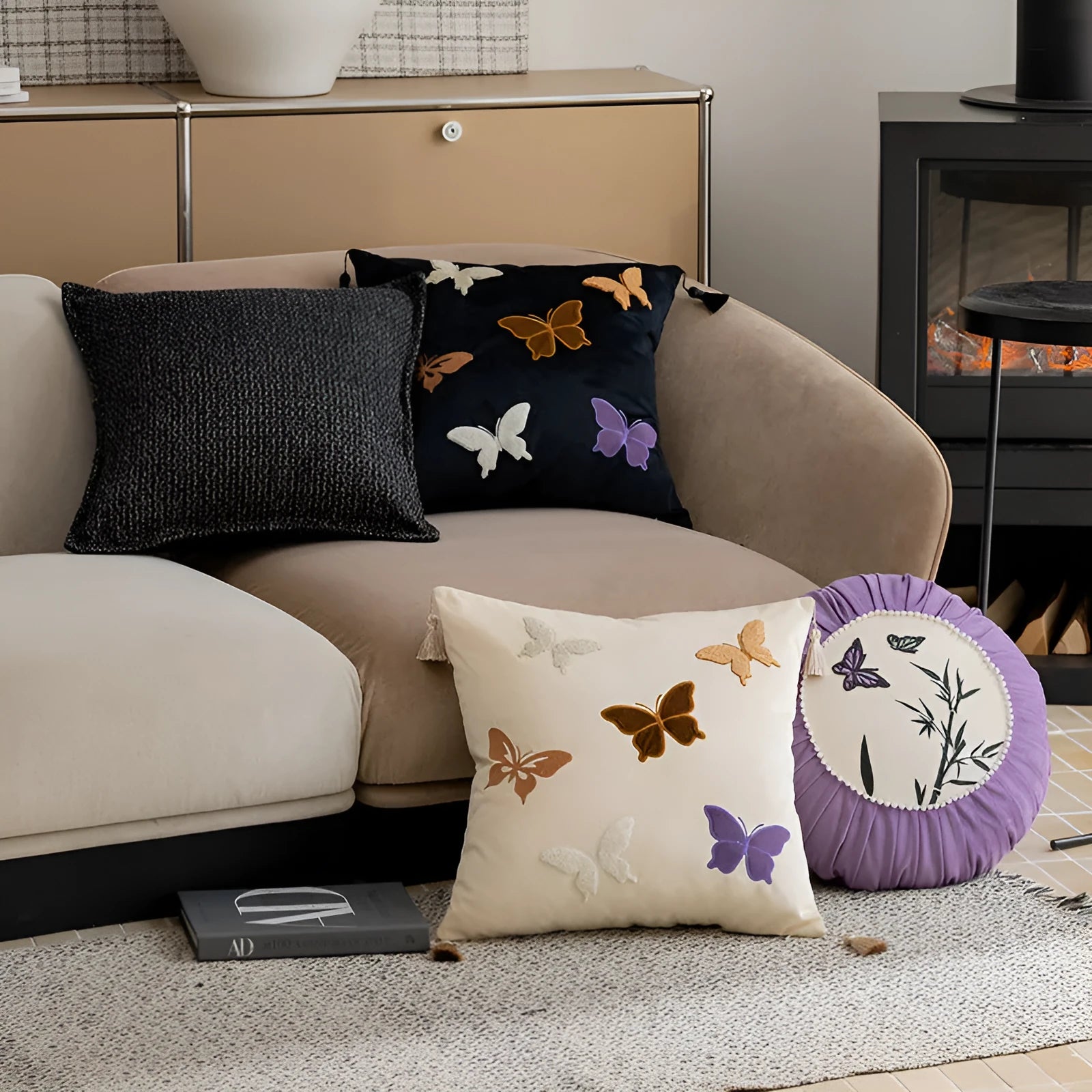 Square cushion with Chinese style butterfly embroidery in beige, black, or purple colour, 45x45 cm size