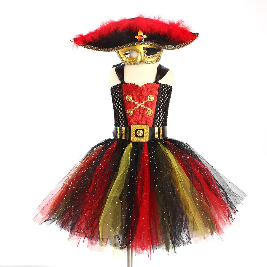 Girls sleeveless pirate costume dress with sequin gauze and lace trim for Halloween