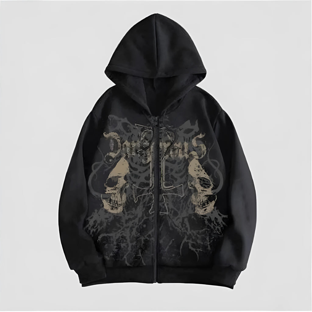 Men's black hooded sweatshirt with skull print, cotton blend, Harajuku style, long sleeve pullover