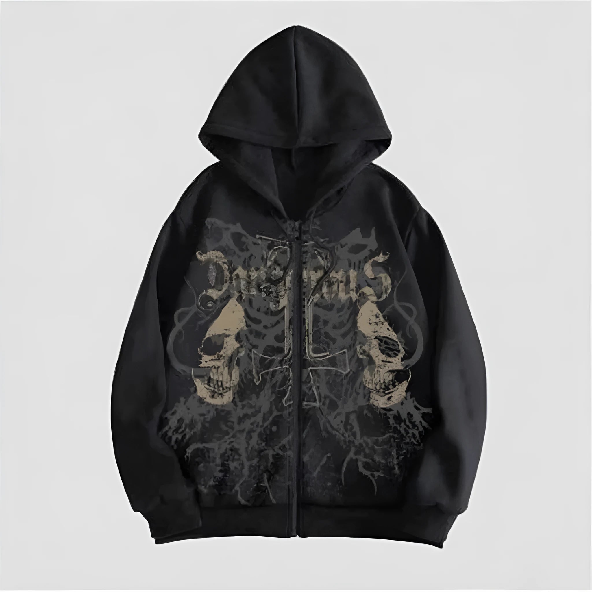 Men's black hooded sweatshirt with skull print, cotton blend, Harajuku style, long sleeve pullover