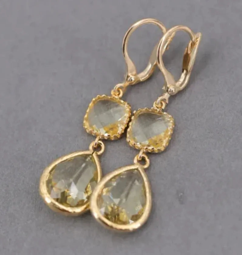 Gold geometric crystal long fringe earrings with water droplet elements and retro European styling