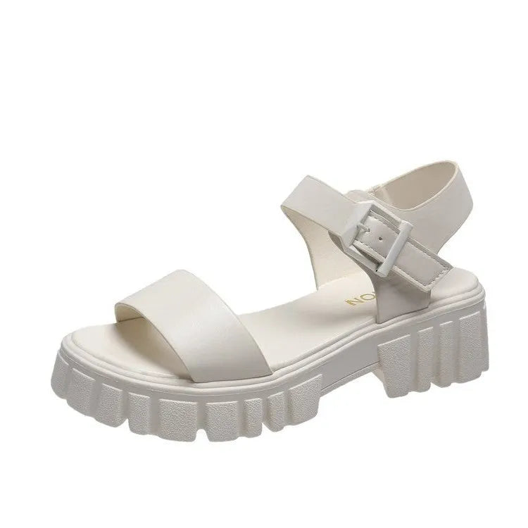 Women's peep toe platform sandals in beige with ankle-strap buckle and PU upper