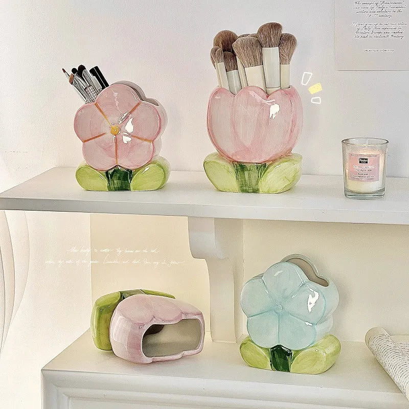 Ceramic flower pen holder storage box with decorative patterns in five colour options