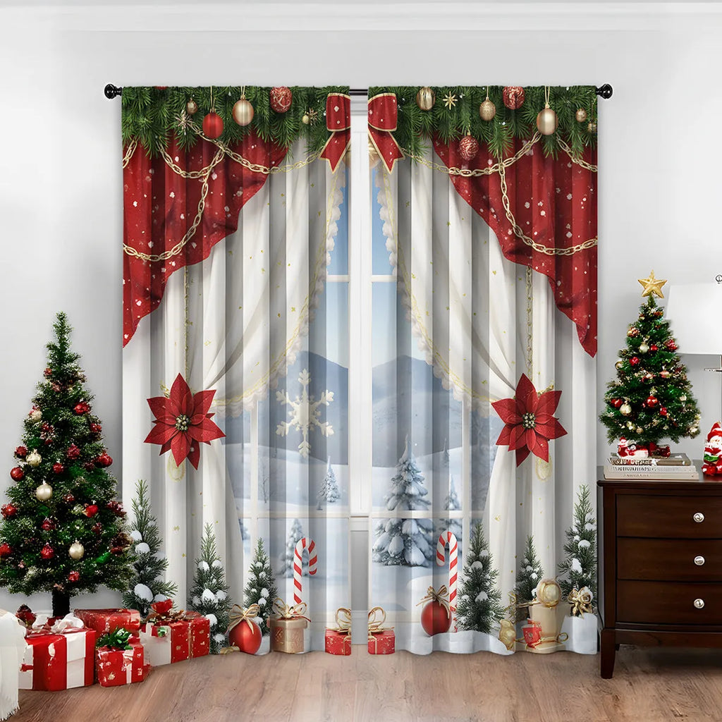 Pair of 3D digitally printed Christmas style curtains with European patterns on polyester fabric