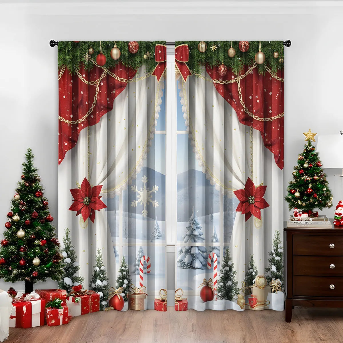 Pair of 3D digitally printed Christmas style curtains with European patterns on polyester fabric