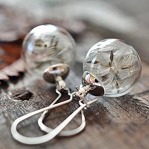 Transparent glass ball earrings with dandelion seed design on a silver French hook