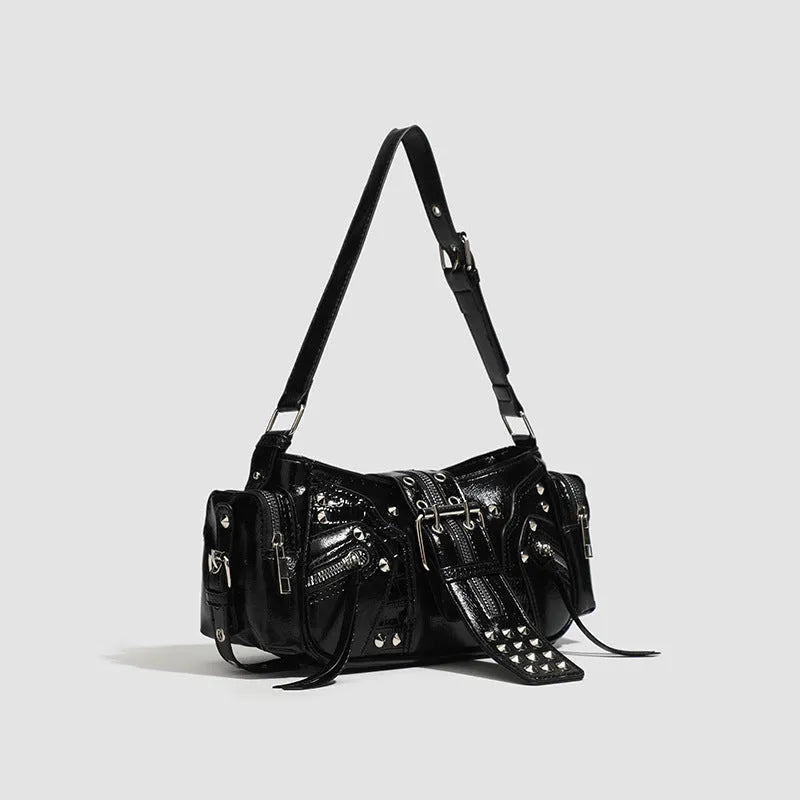 Black oil wax leather retro handbag with dumpling shape and multiple zippered compartments